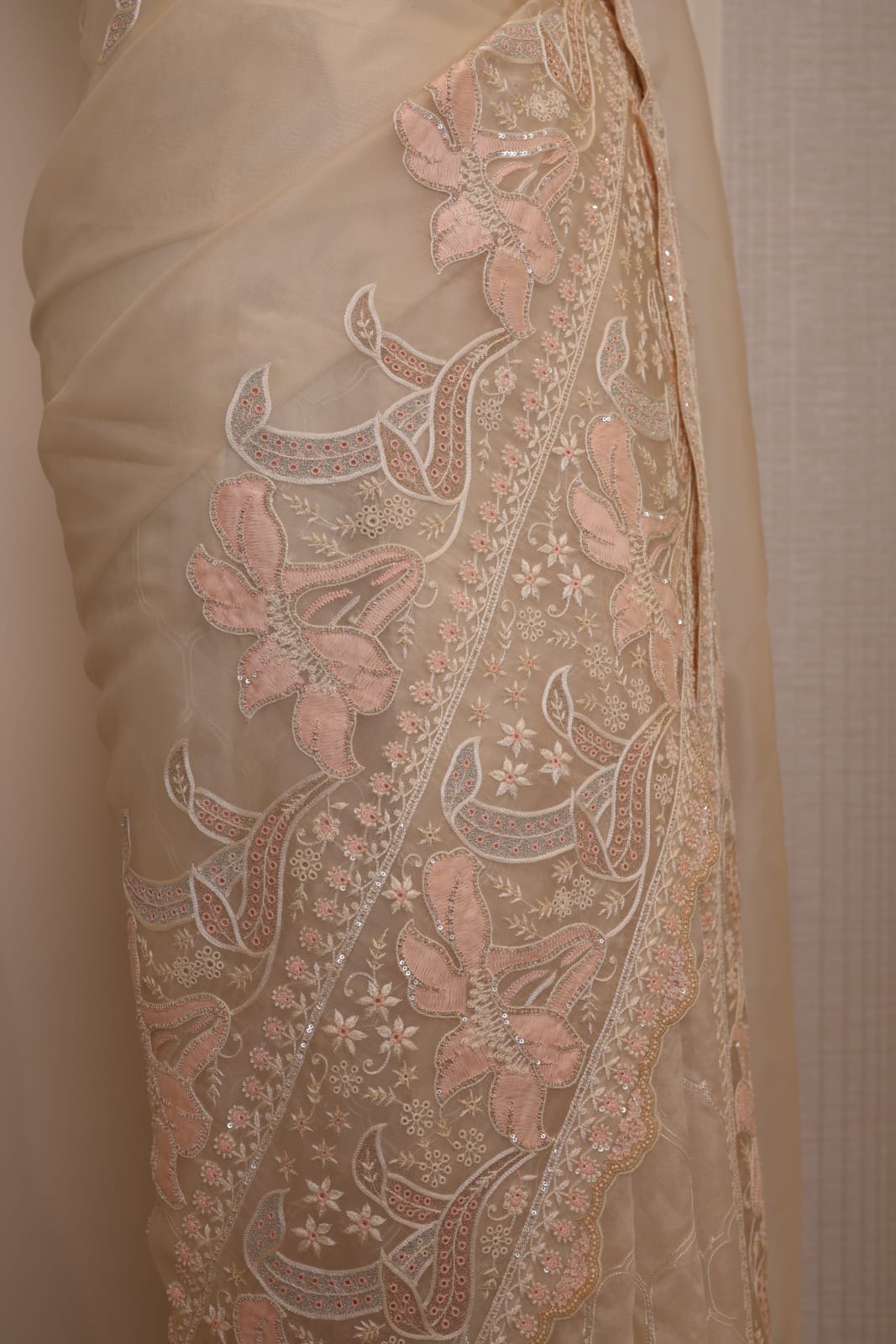 Peach Shadow Work Organza Saree