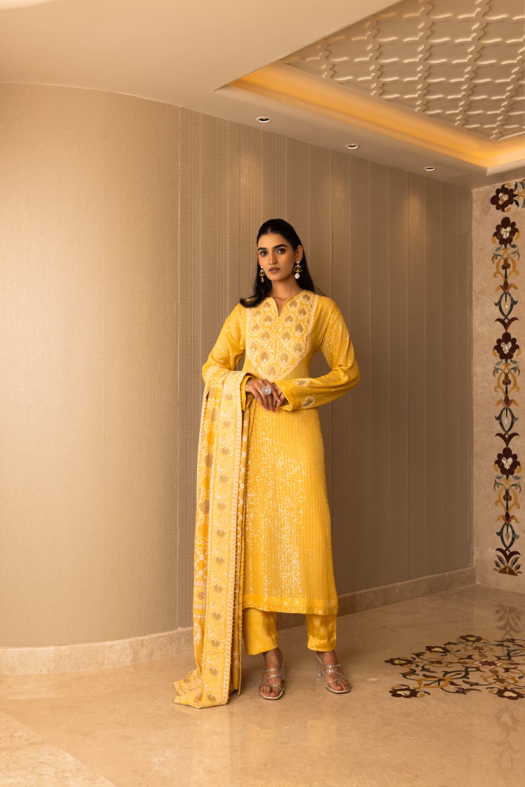 Sunflower Yellow Kasab Jaali Kurta Set