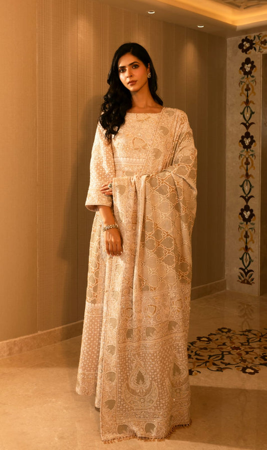 Ivory Anarkali with Kasab Jaali Set