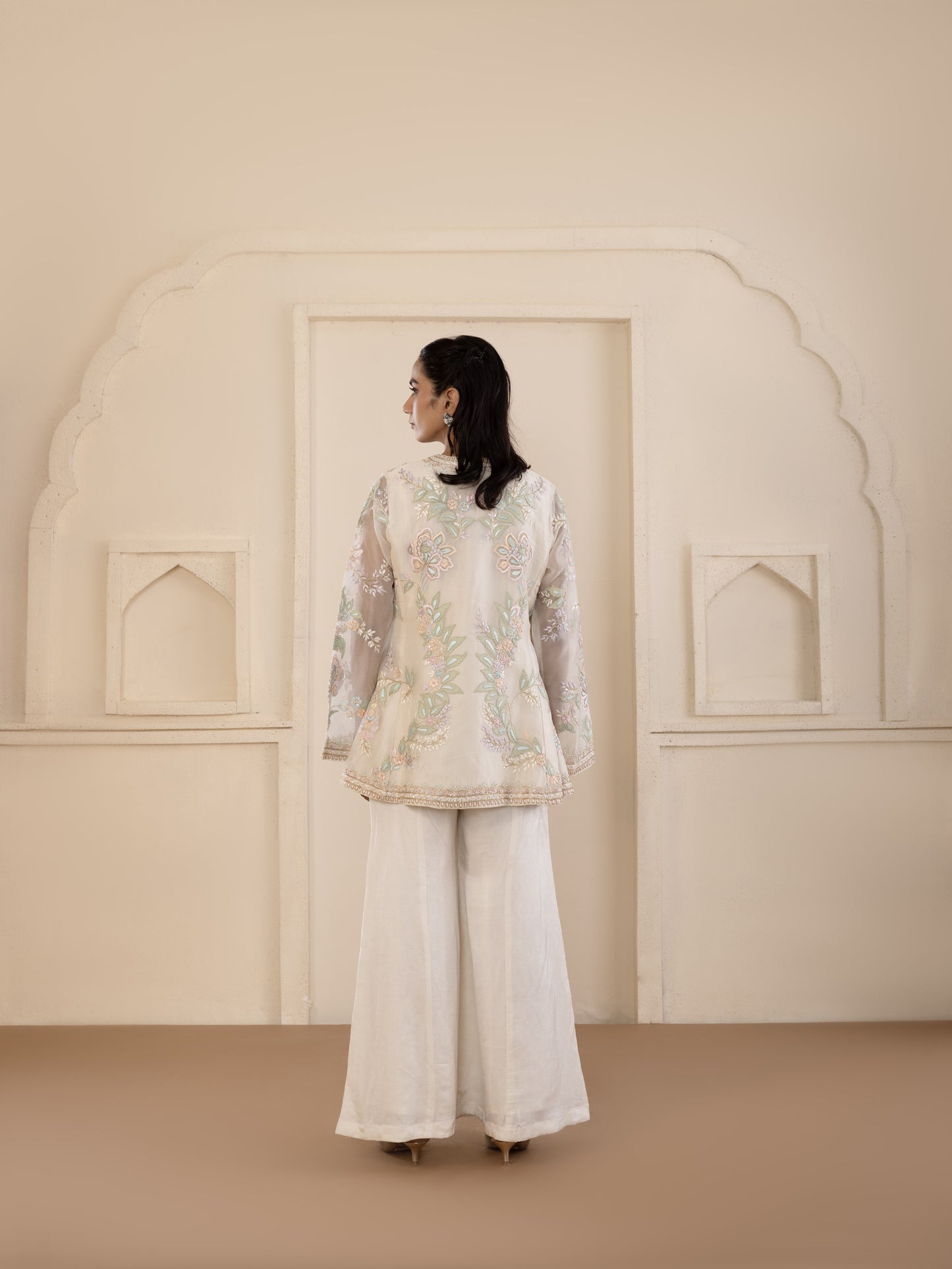 Multicolour Embroidered Organza Gilet Set