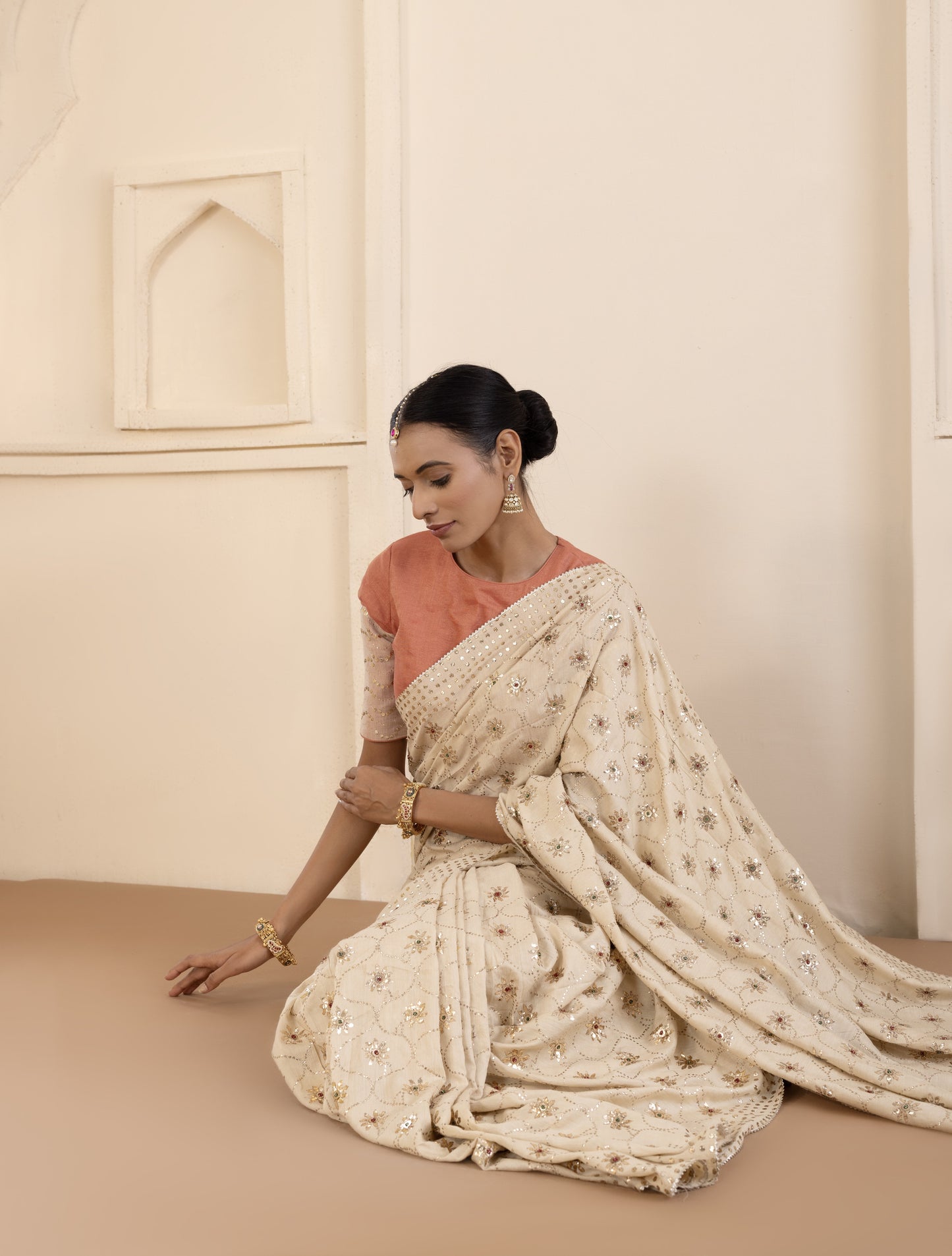 Emerald Highlighted Mukaish Muga Silk Saree