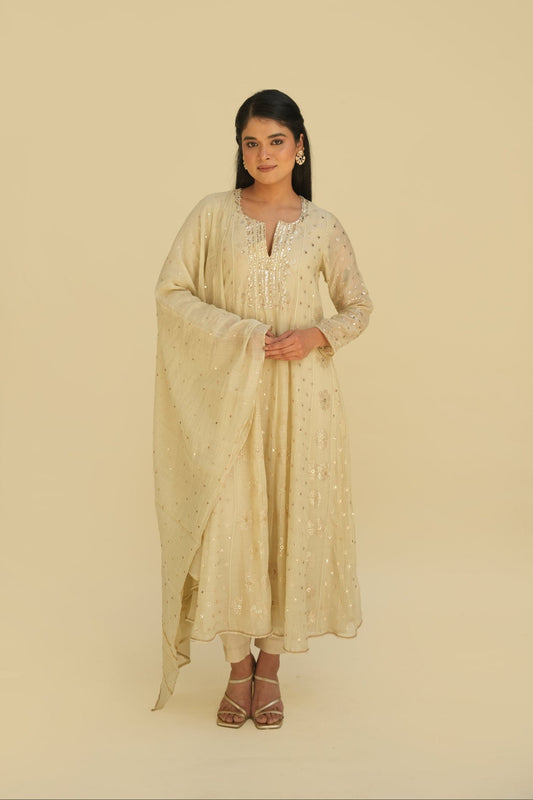 Fern Mul Chanderi Mukaish Anarkali Set