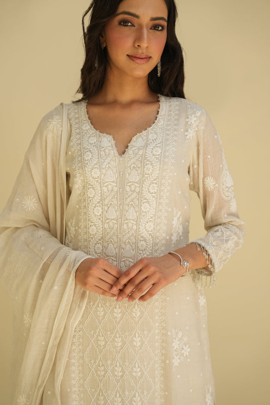 Silver Tissue Chikankari Tissue Suit Set