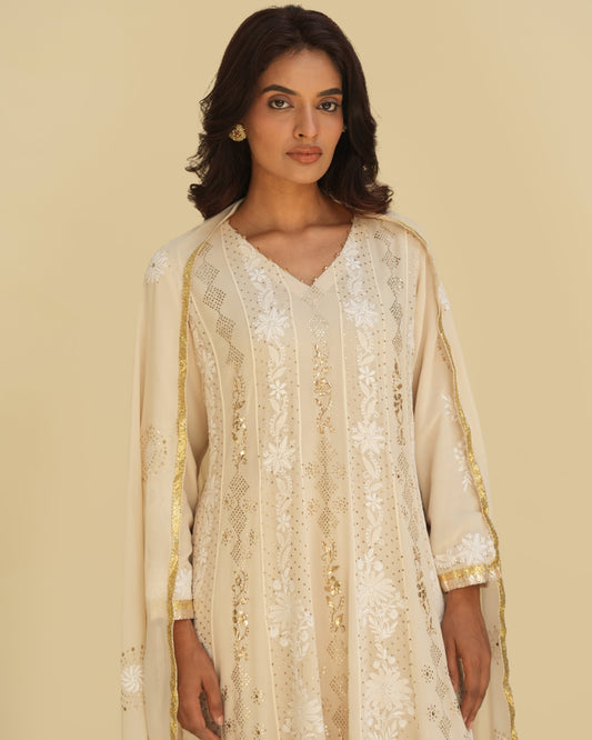 Ivory Mukaish Georgette Anarkali Set