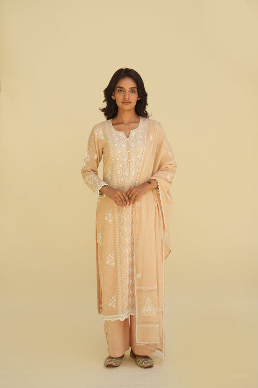 Peach Silver Chikankari Tissue Suit Set