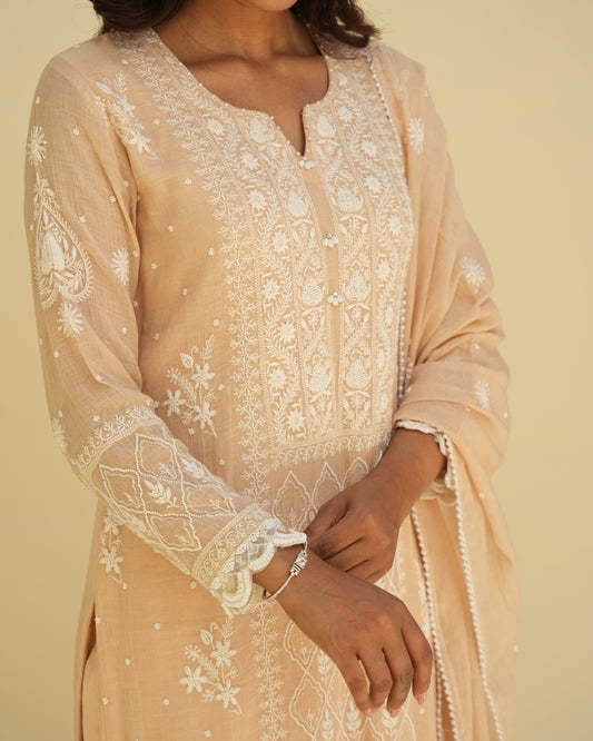 Peach Silver Chikankari Tissue Suit Set