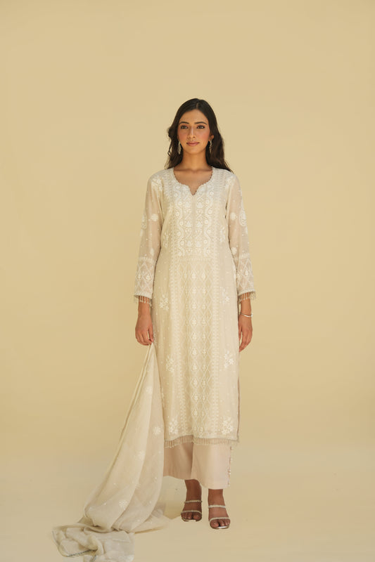 Silver Tissue Chikankari Tissue Suit Set