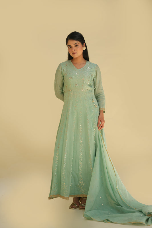 Mint Green Mukaish Mul Chanderi Anarkali Set