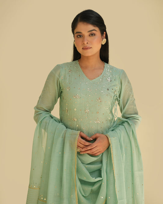 Mint Green Mukaish Mul Chanderi Anarkali Set