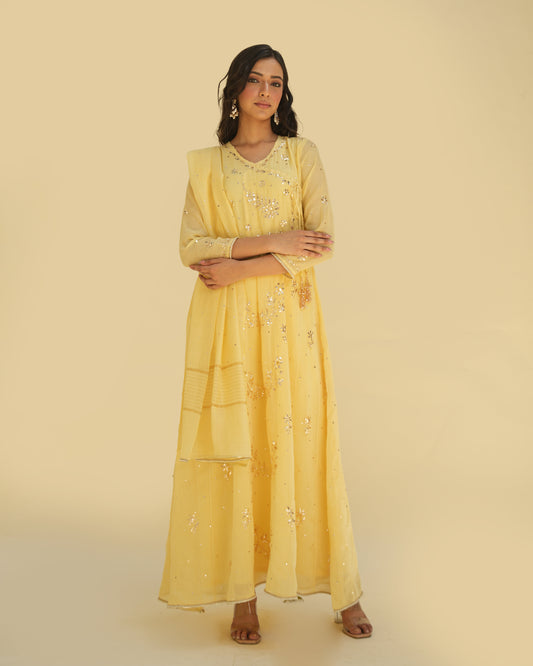 Yellow Mukaish Mul Chanderi Anarkali Set