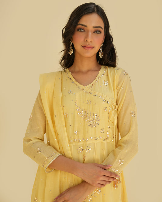 Yellow Mukaish Mul Chanderi Anarkali Set