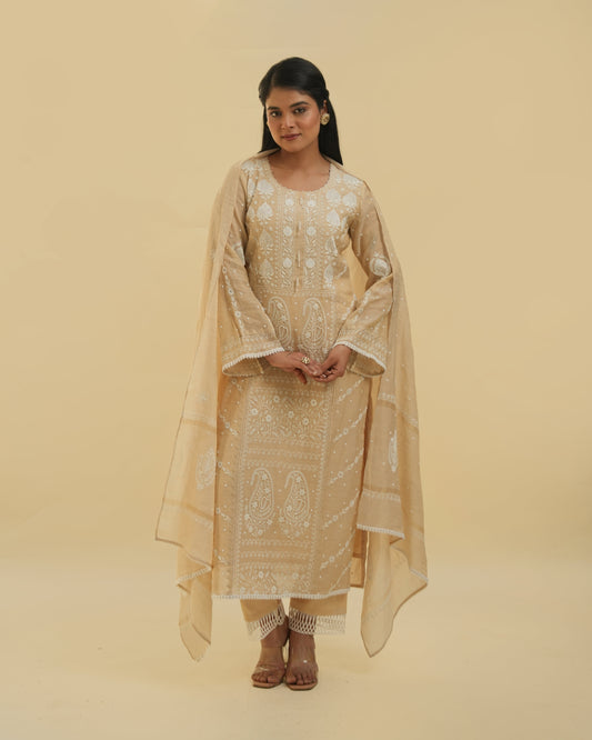Gold Tissue Chikankari Suit Set