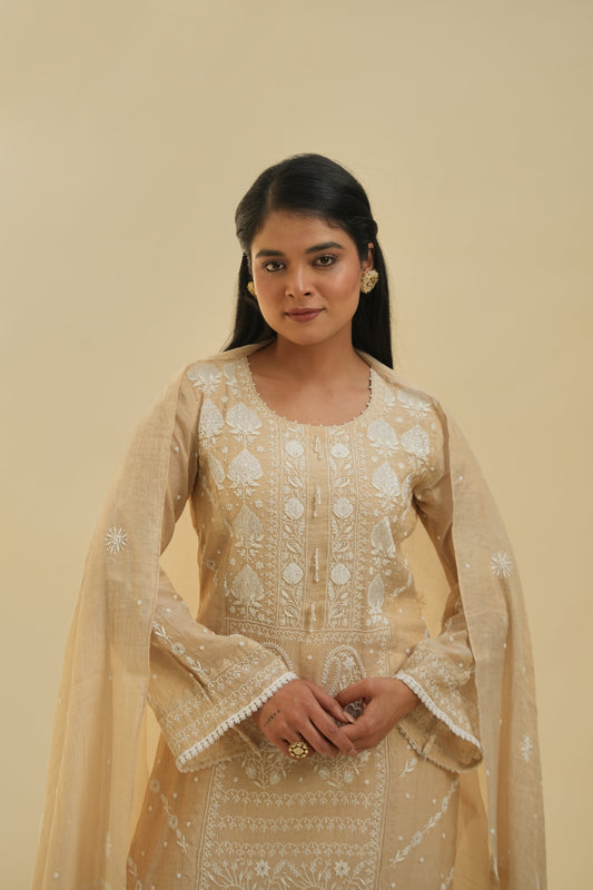 Gold Tissue Chikankari Suit Set