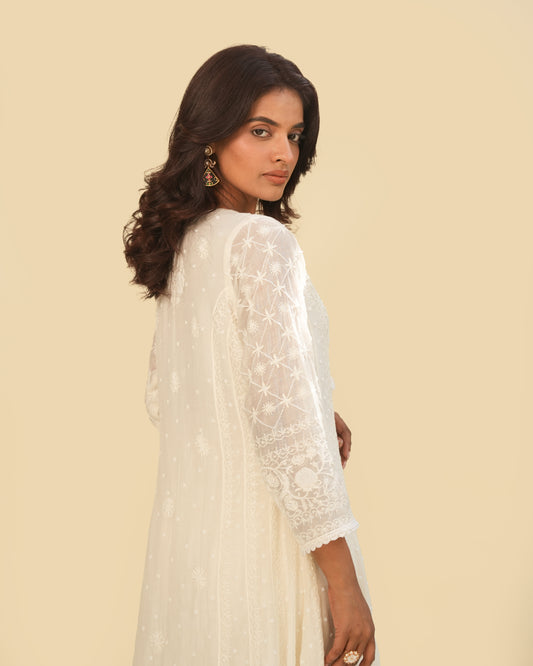 Pearl Chikankari Mul Chanderi Anarkali Set