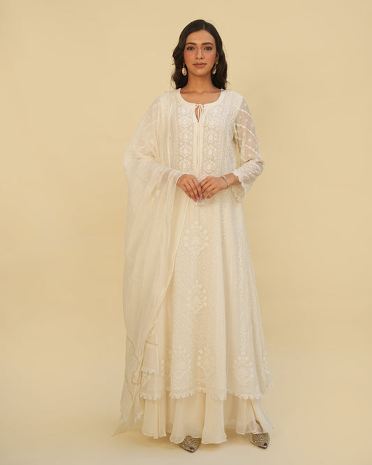 Pearl Chikankari Mul Chanderi Anarkali Set