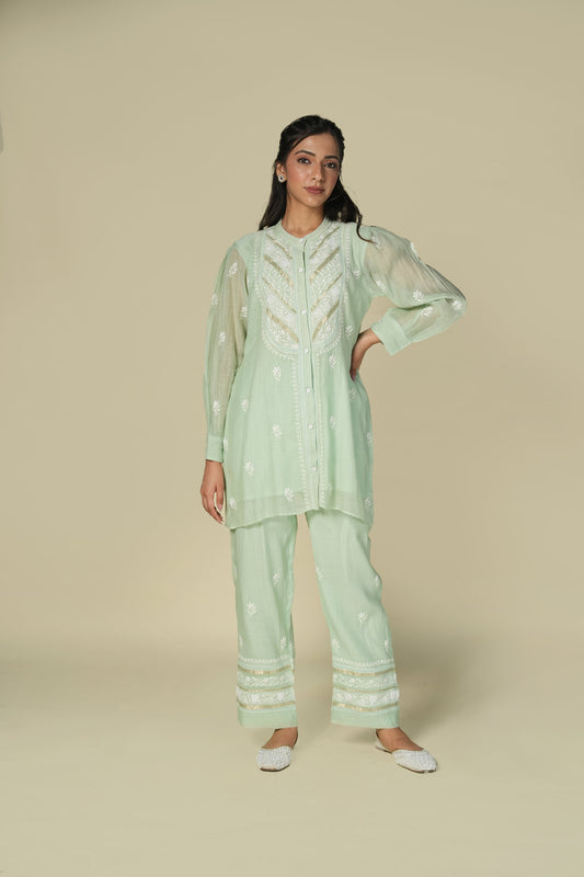 A woman standing against a beige background, wearing a mint green chikankari mul chanderi co-ord set with intricate embroidery.