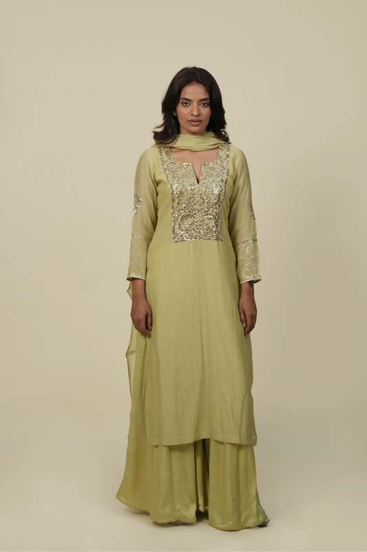 A woman wearing a sage green mukaish silk chanderi suit set with intricate embroidery on the chest area.