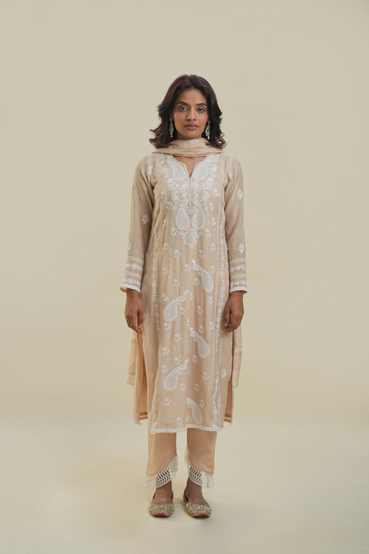 Ecru Mukaish Mul Chanderi Suit Set