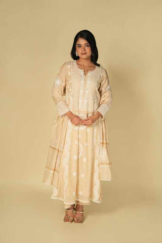 Gold Tissue Chikankari Anarkali Set