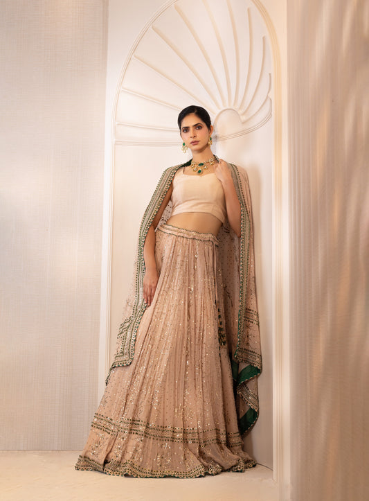 Champagne Mukaish Lehenga with Emerald Accents