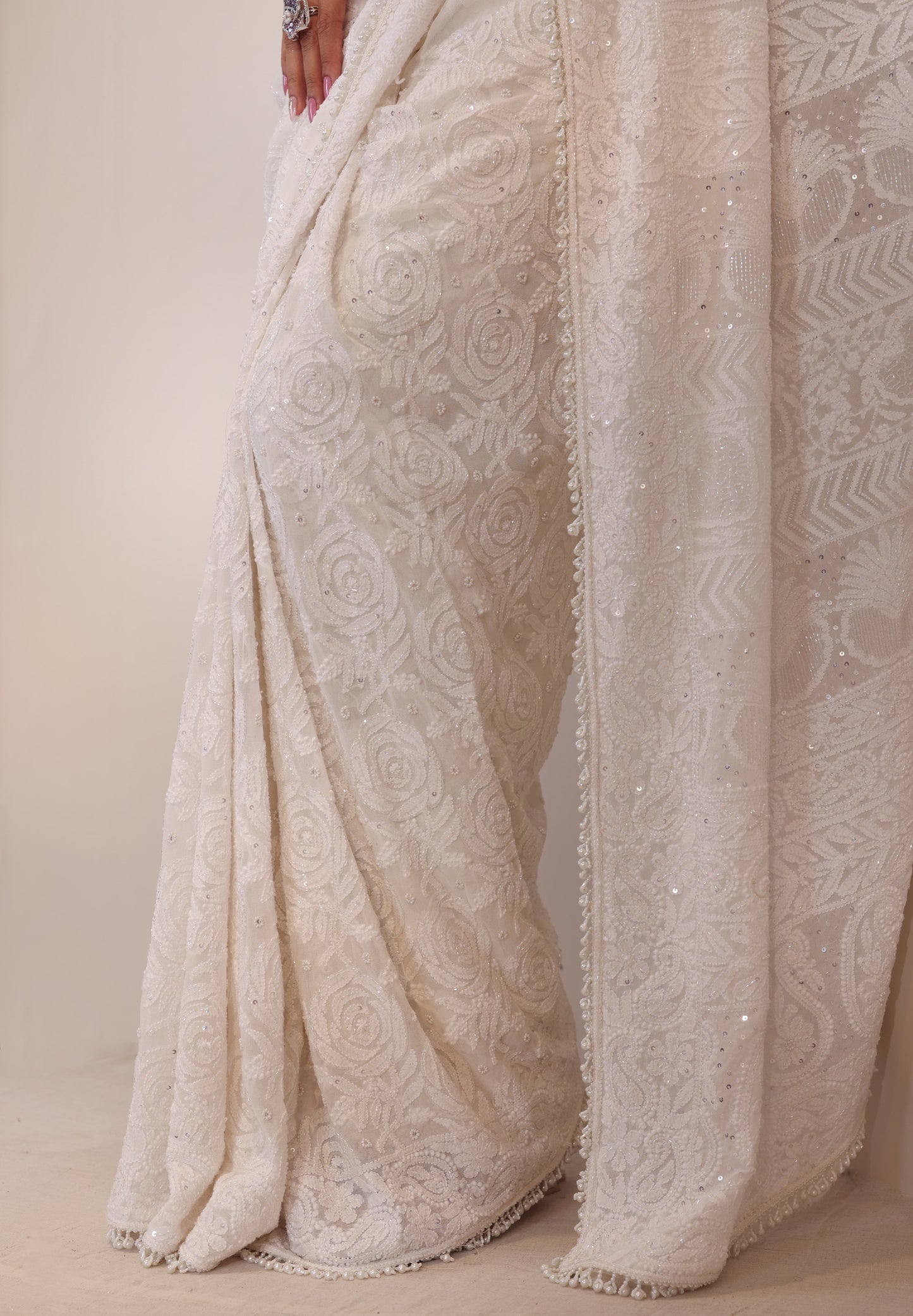 White Rose Chikankari Saree
