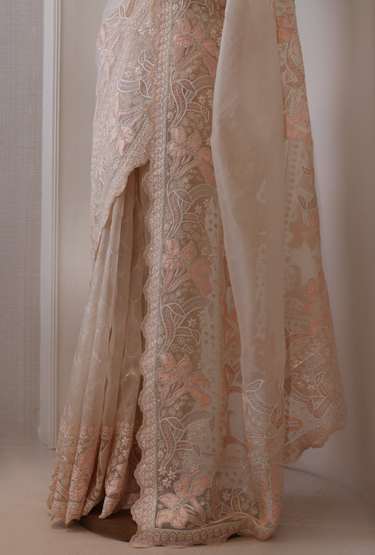 Peach Shadow Work Organza Saree