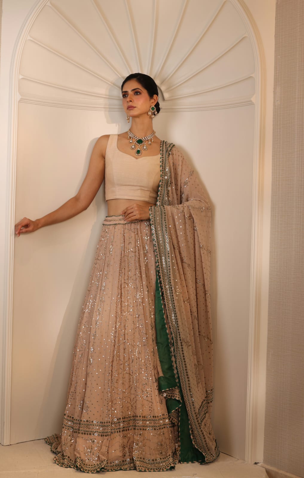Champagne Emerald Mukaish Lehenga Set