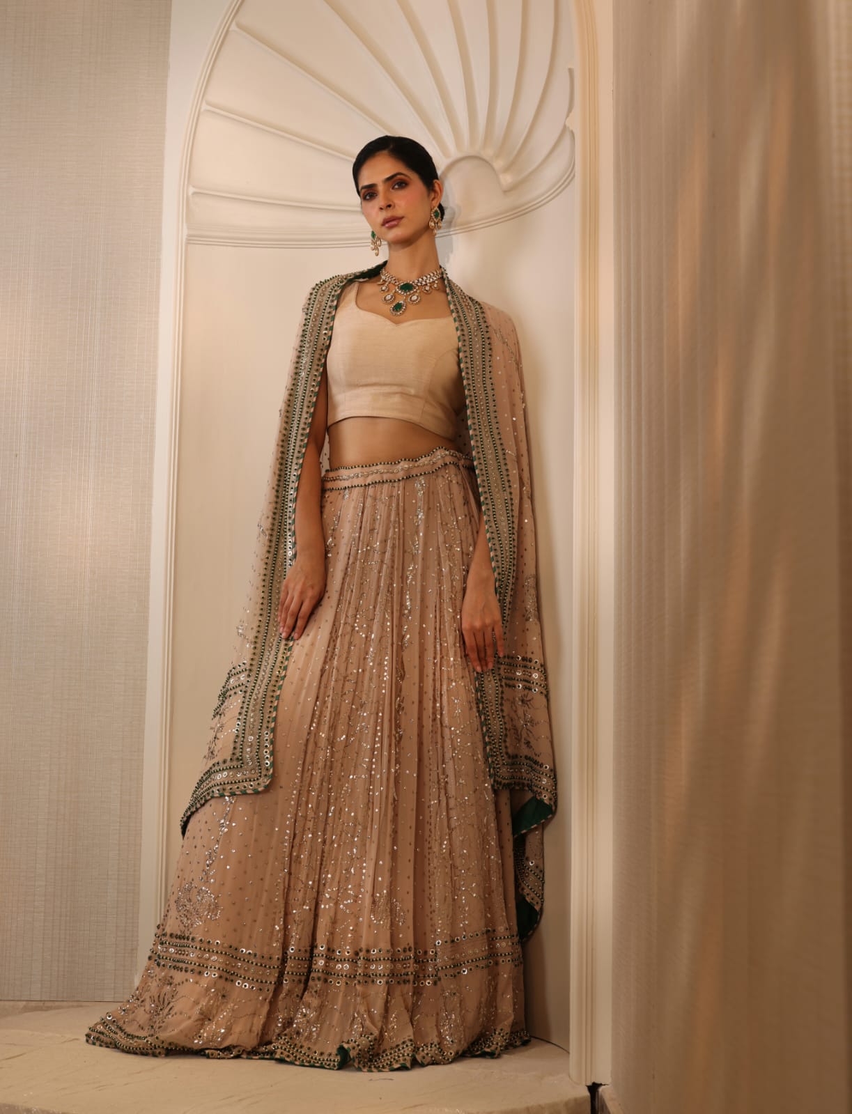 Champagne Emerald Mukaish Lehenga Set