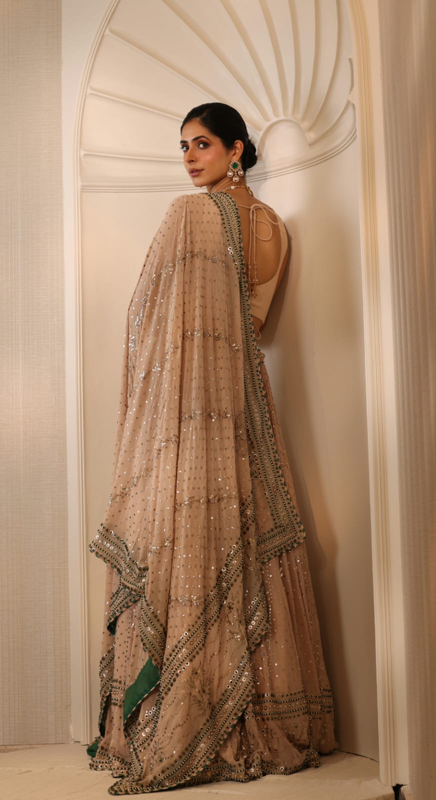 Champagne Emerald Mukaish Lehenga Set