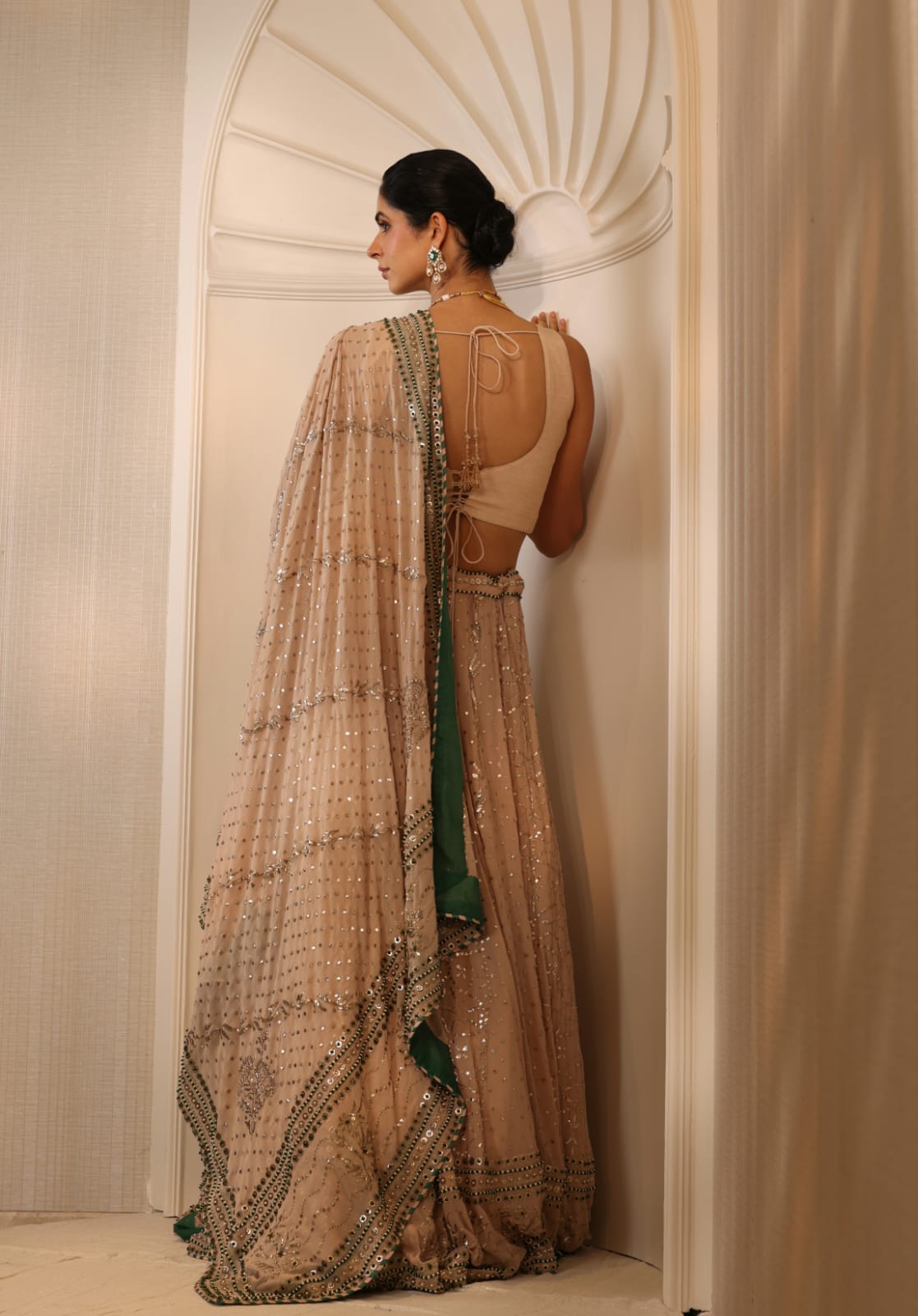 Champagne Emerald Mukaish Lehenga Set