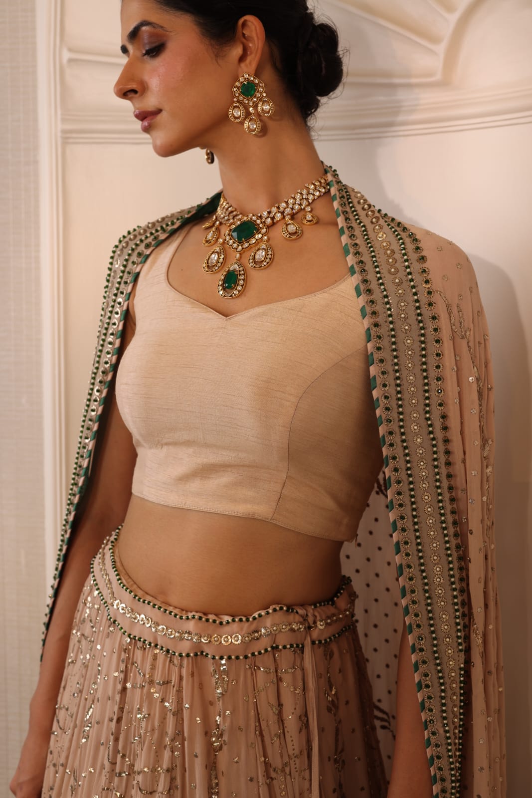 Champagne Emerald Mukaish Lehenga Set