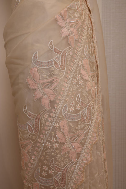 Peach Shadow Work Organza Saree