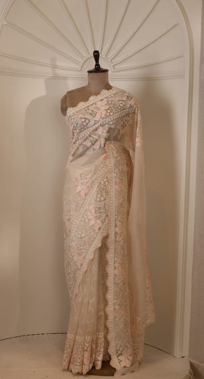 Peach Shadow Work Organza Saree