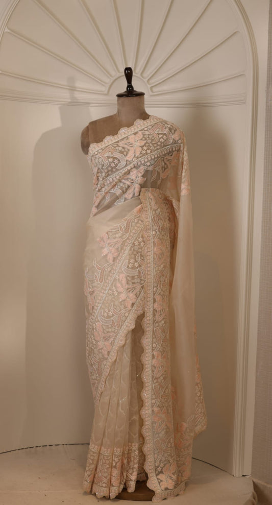 Peach Shadow Work Organza Saree