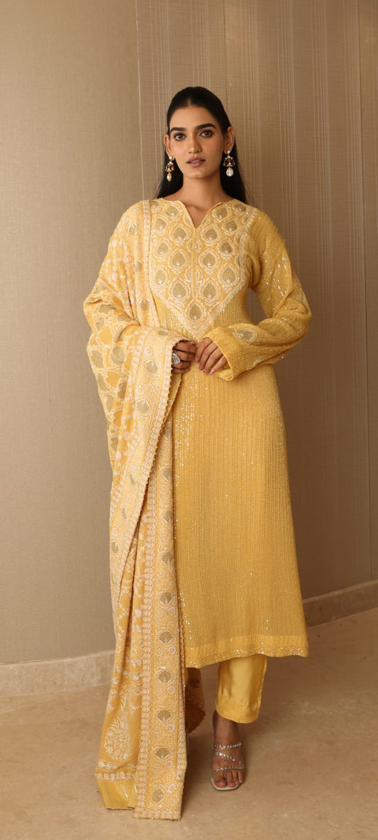Sunflower Yellow Kasab Jaali Kurta Set