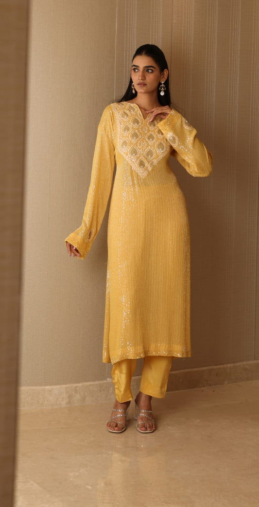 Sunflower Yellow Kasab Jaali Kurta Set