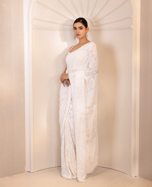 White Rose Chikankari Saree