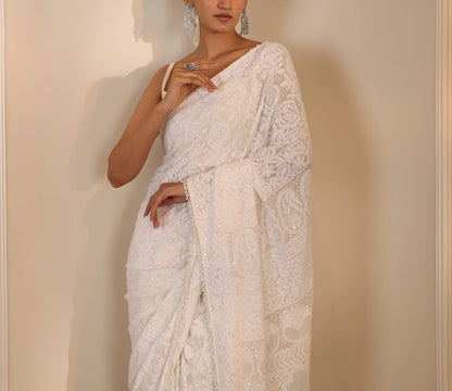 White Rose Chikankari Saree