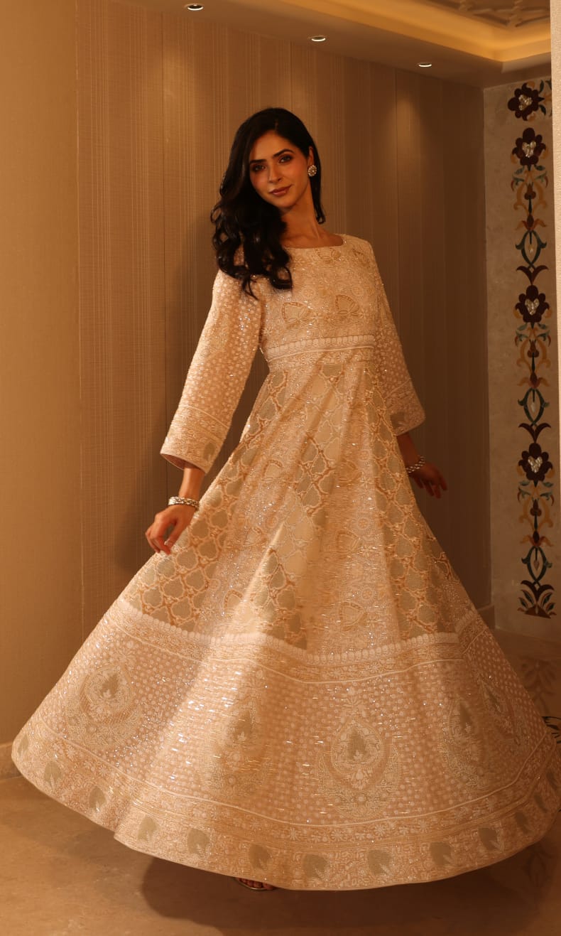 Ivory Anarkali with Kasab Jaali Set
