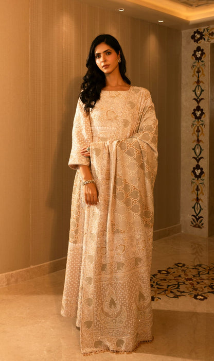 Ivory Anarkali with Kasab Jaali Set