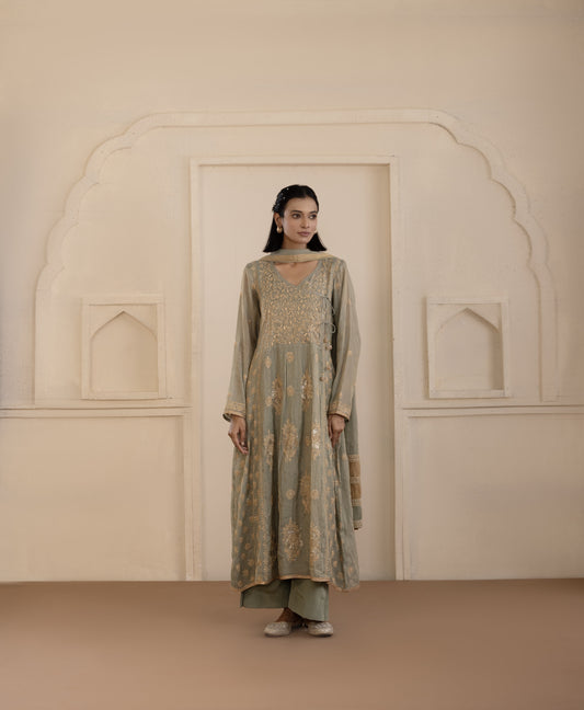 Sage Green Tissue Angarkha Set