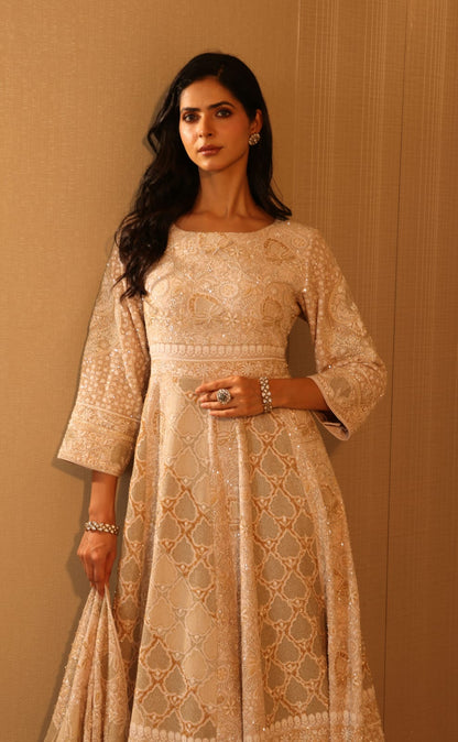 Ivory Anarkali with Kasab Jaali Set
