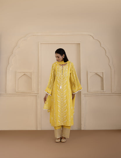 Sunlit Yellow Chikankari Mul Suit Set