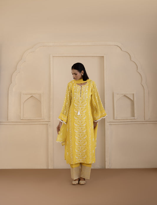 Sunlit Yellow Chikankari Mul Suit Set