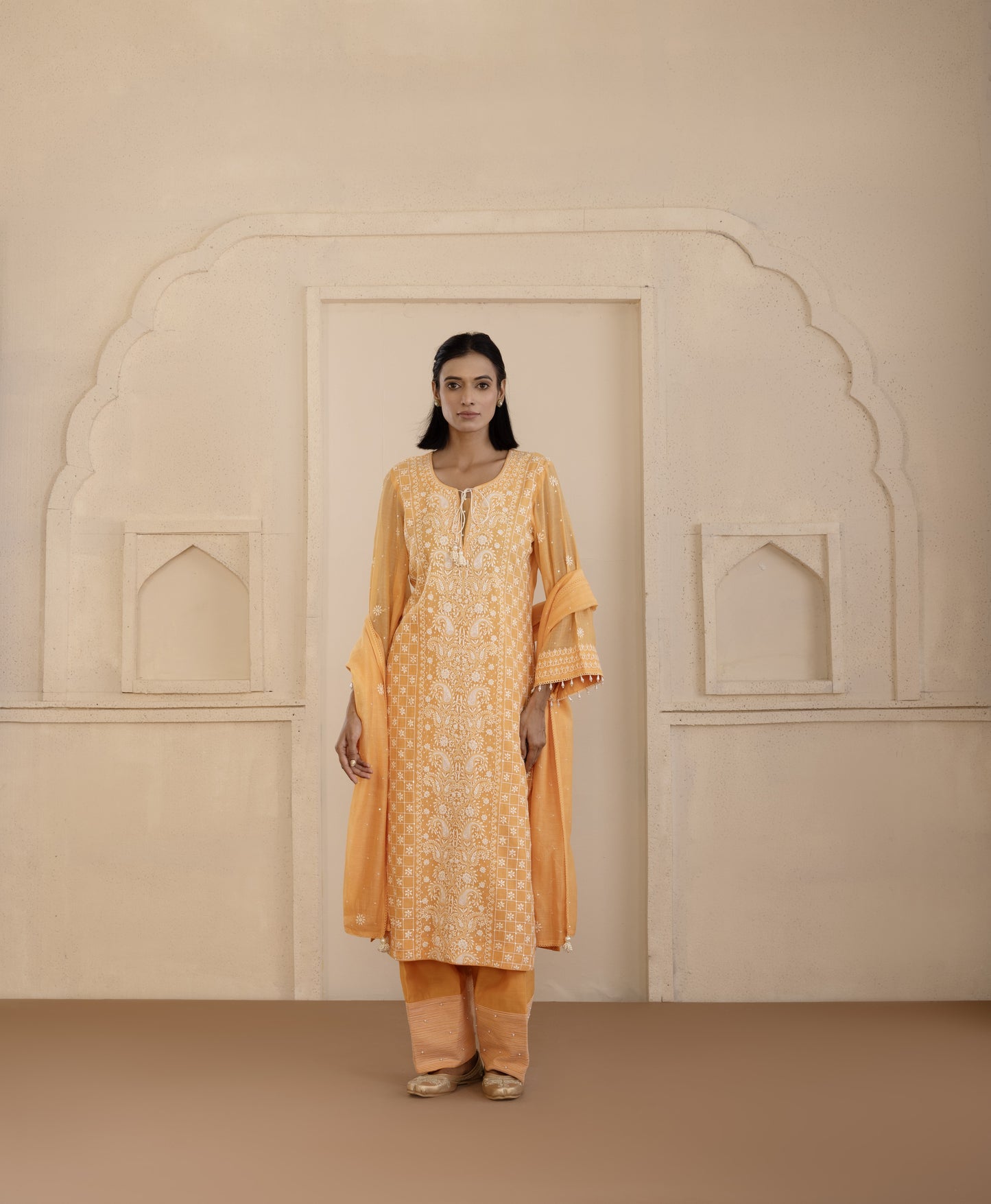 Tangerine Chikankari Mul Chanderi Suit Set