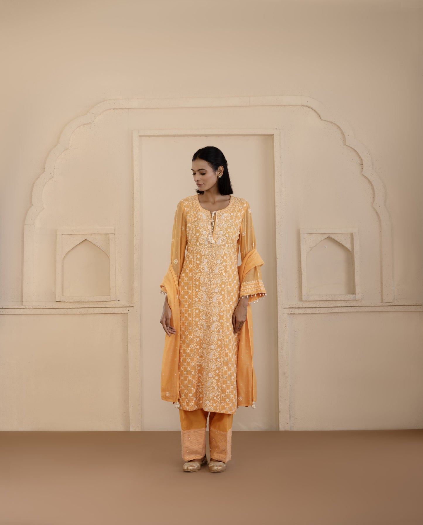 Tangerine Chikankari Mul Chanderi Suit Set