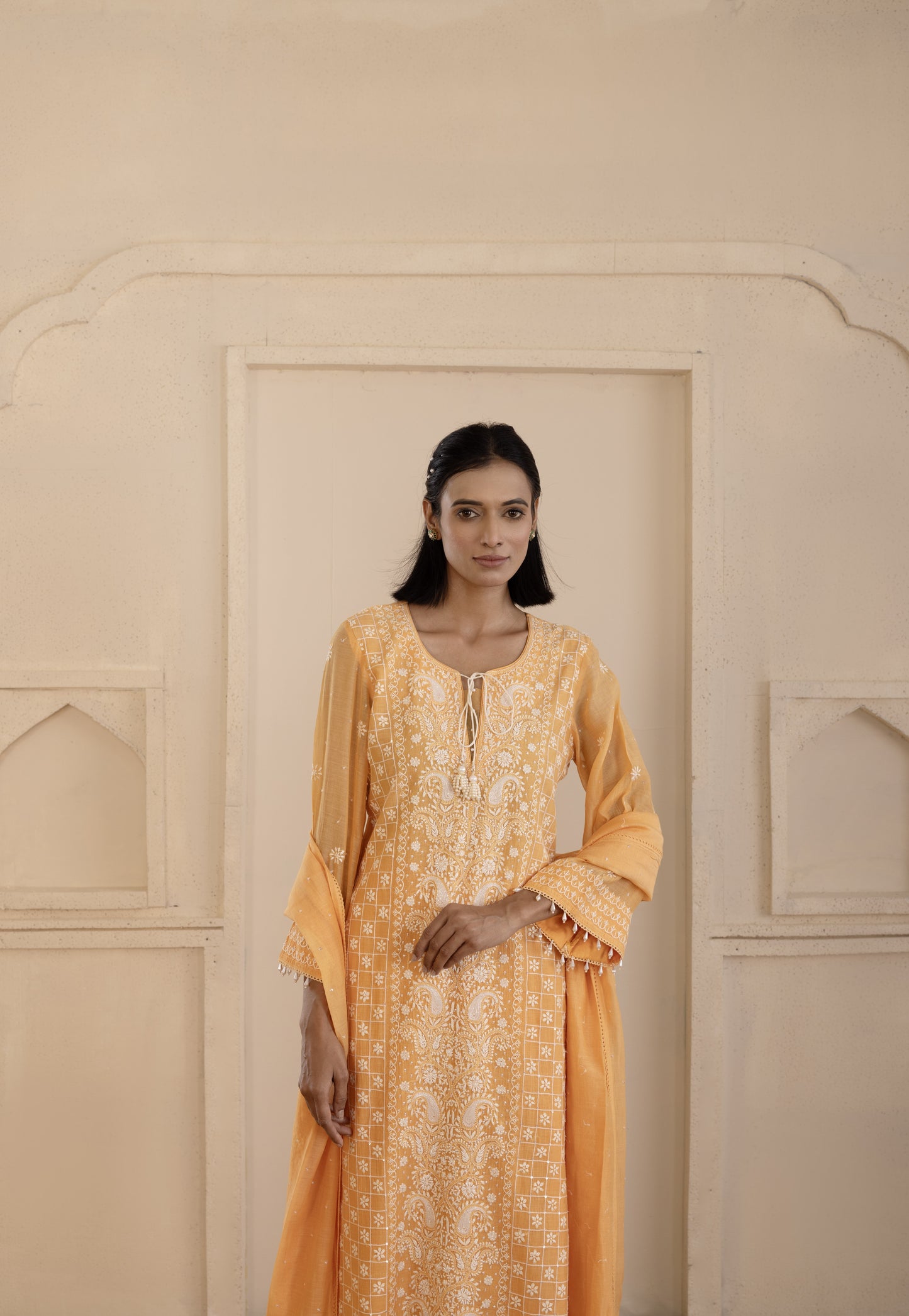Tangerine Chikankari Mul Chanderi Suit Set