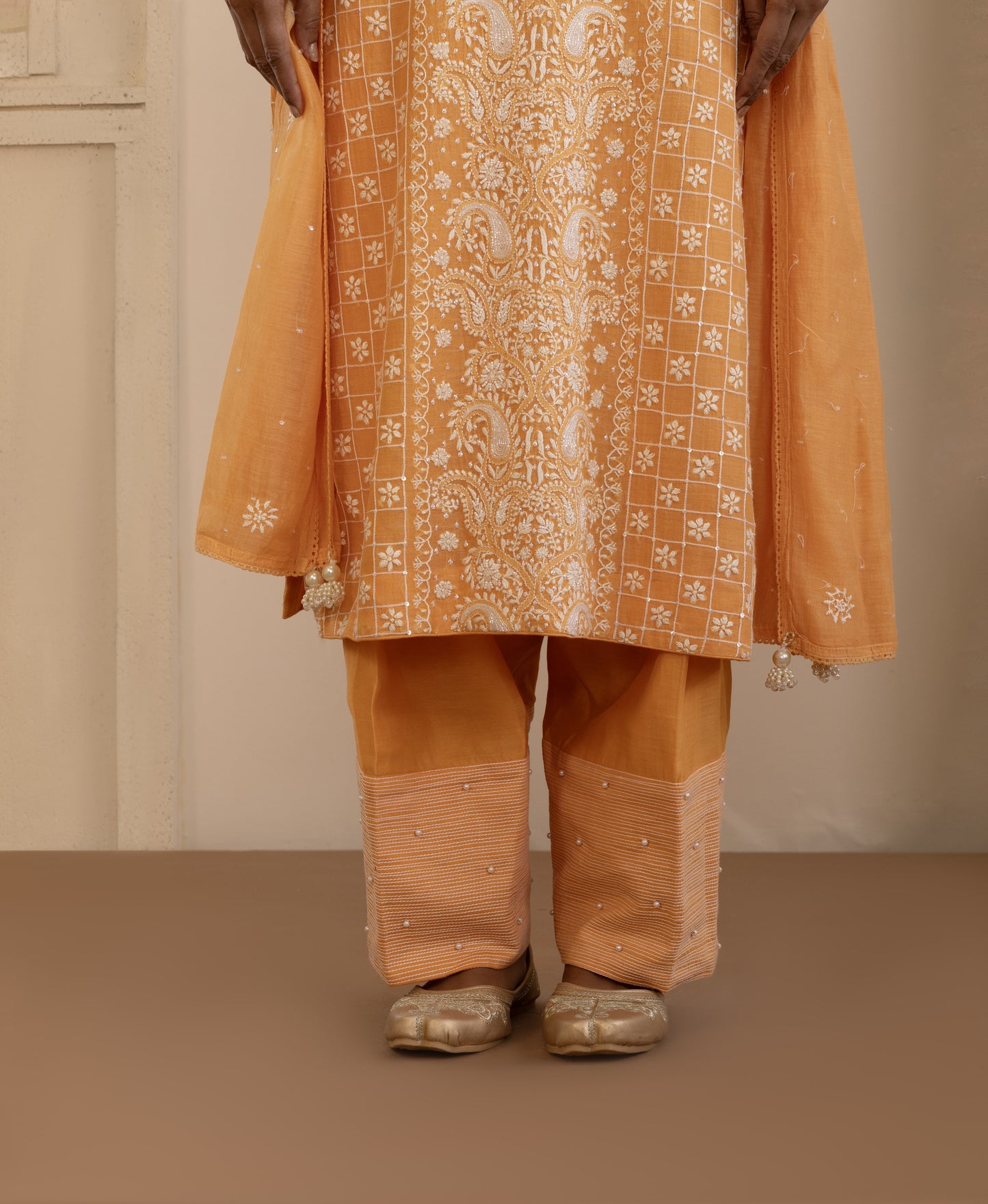 Tangerine Chikankari Mul Chanderi Suit Set