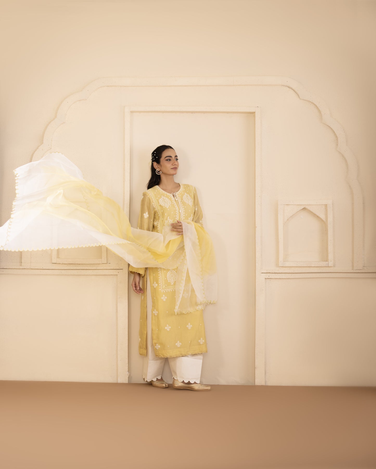 Lime Chanderi Suit Set with Shaded Organza Dupatta
