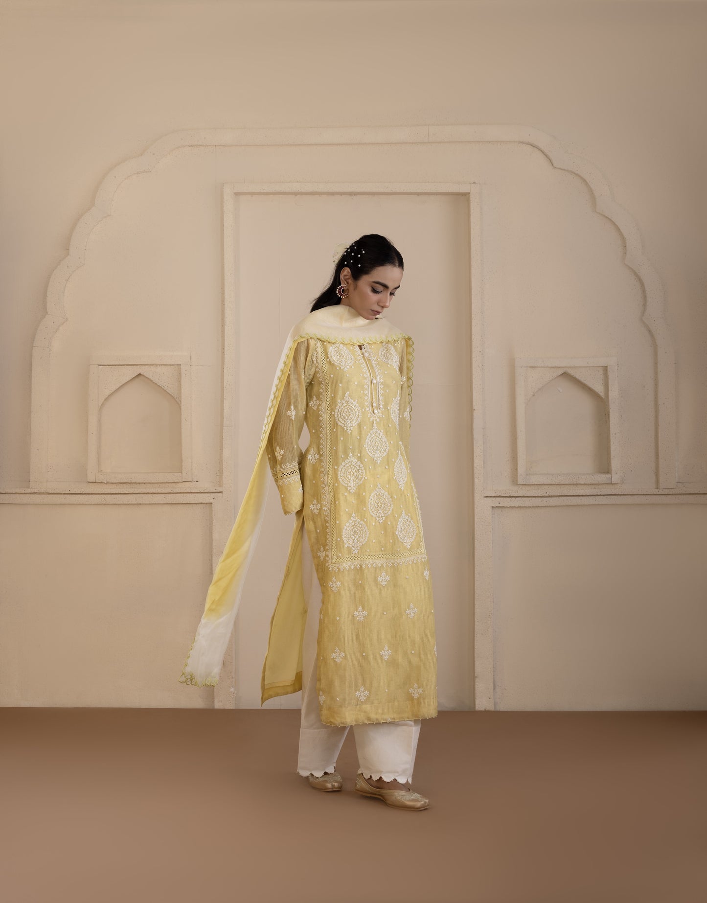 Lime Chanderi Suit Set with Shaded Organza Dupatta